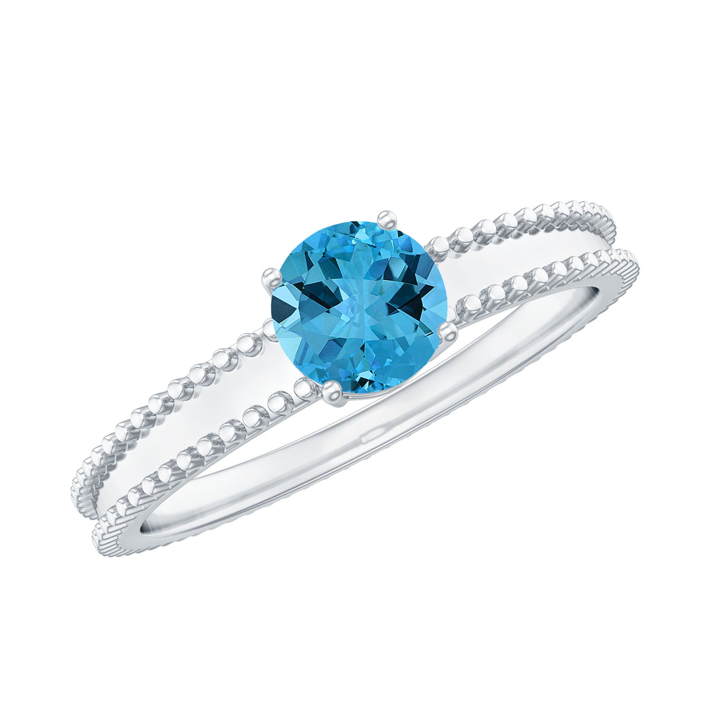 5 MM Solitaire Swiss Blue Topaz Band Ring with Beaded Embellishment Swiss Blue Topaz - ( AAA ) - Quality - Rosec Jewels