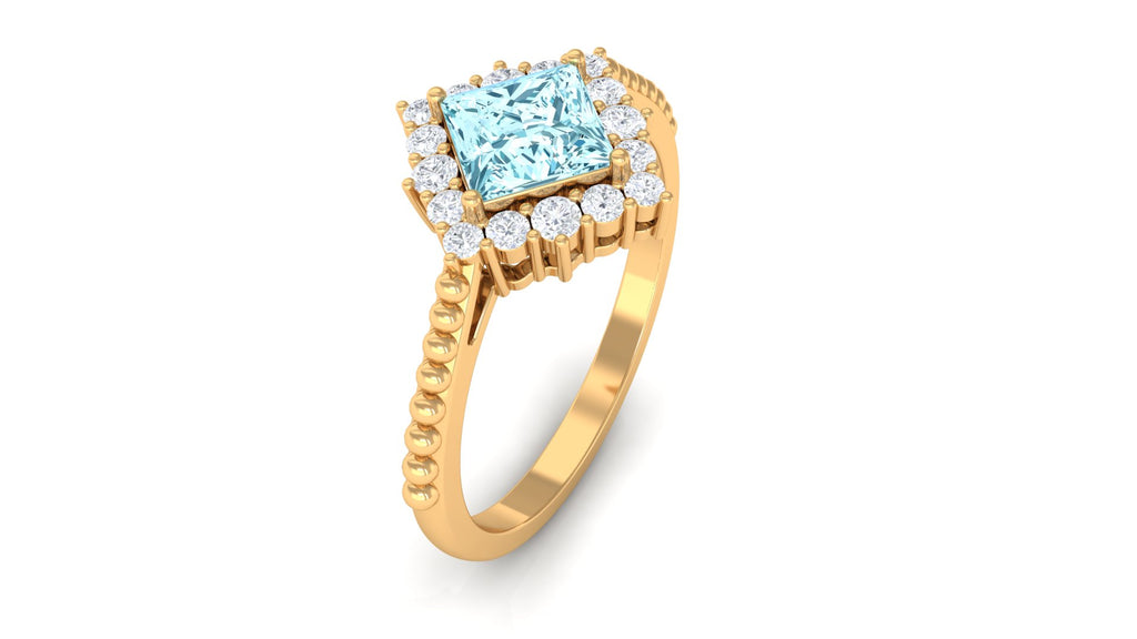 1 CT Princess Cut Aquamarine Engagement Ring with Diamond Halo Aquamarine - ( AAA ) - Quality - Rosec Jewels
