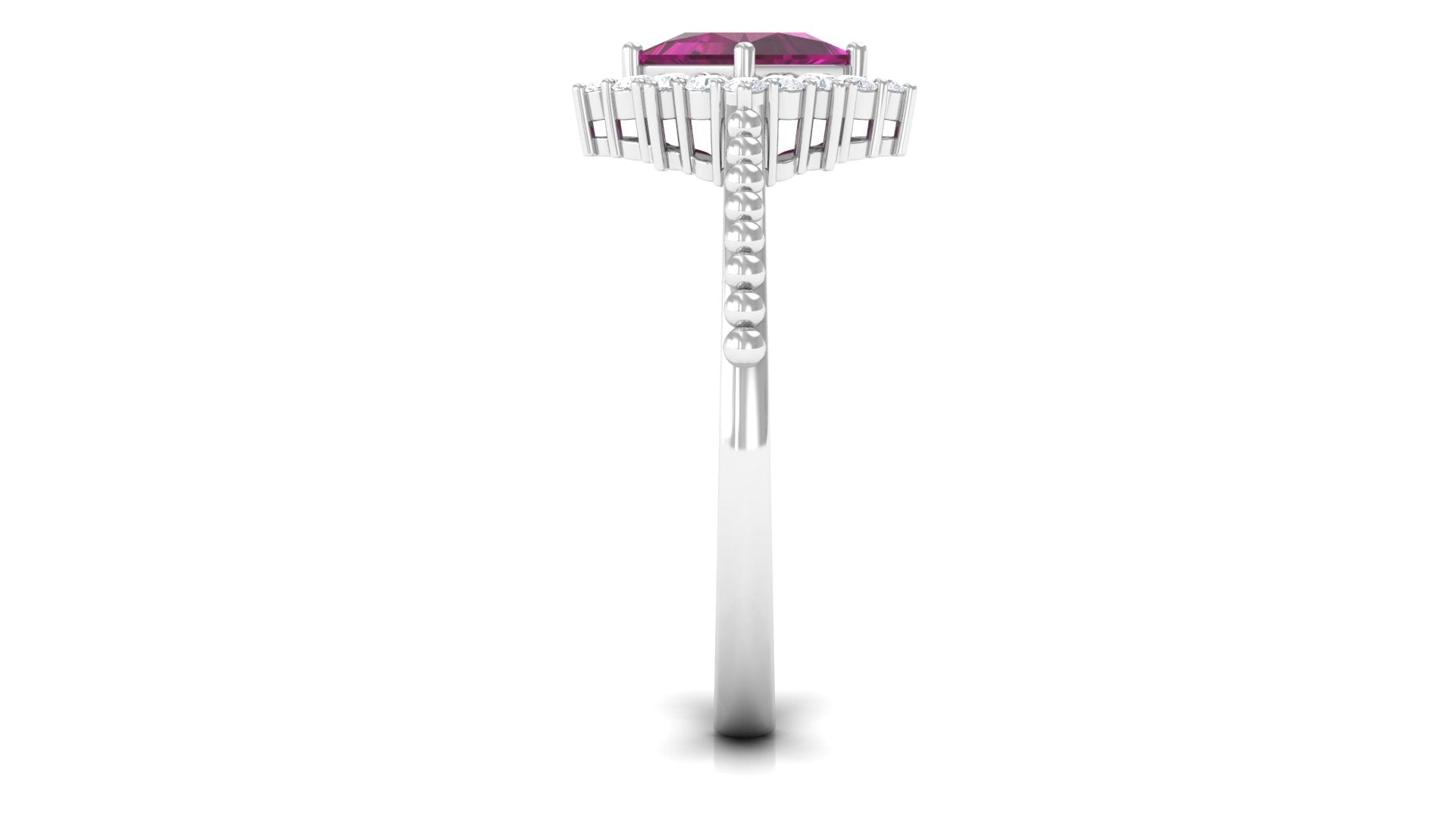Princess Cut Rhodolite and Moissanite Halo Ring with Beaded Gold Rhodolite - ( AAA ) - Quality - Rosec Jewels