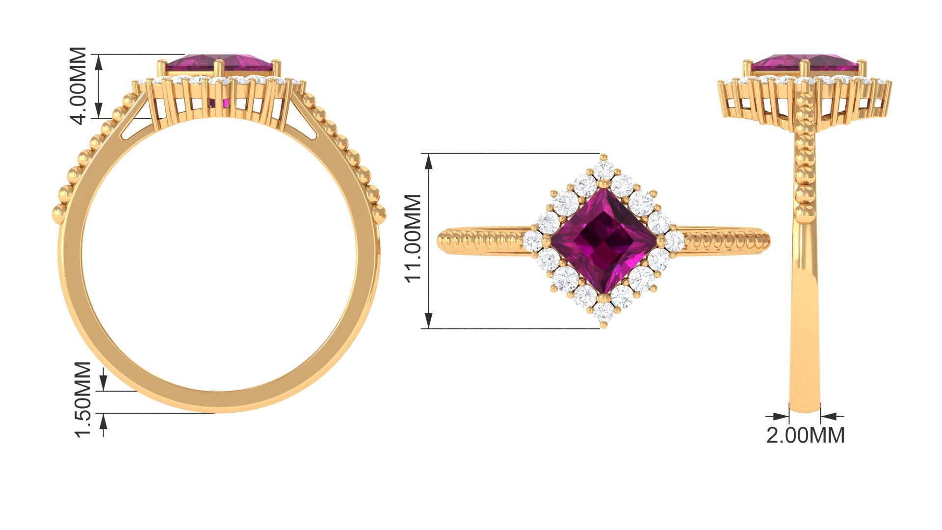 Princess Cut Rhodolite and Moissanite Halo Ring with Beaded Gold Rhodolite - ( AAA ) - Quality - Rosec Jewels