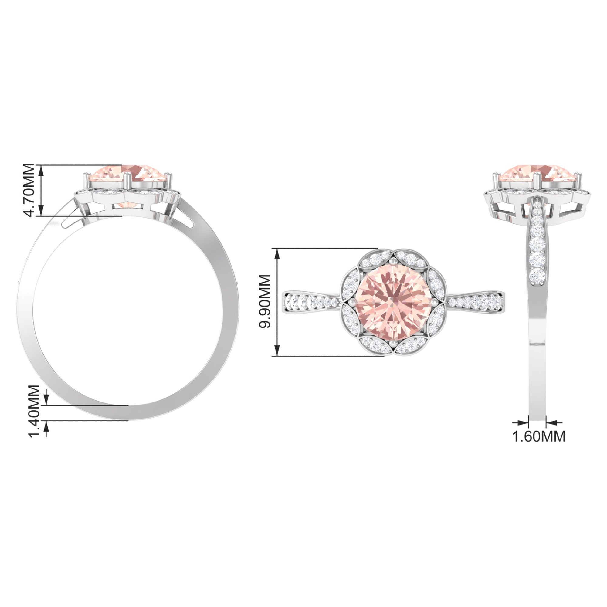 Designer Morganite and Diamond Halo Engagement Ring Morganite - ( AAA ) - Quality - Rosec Jewels