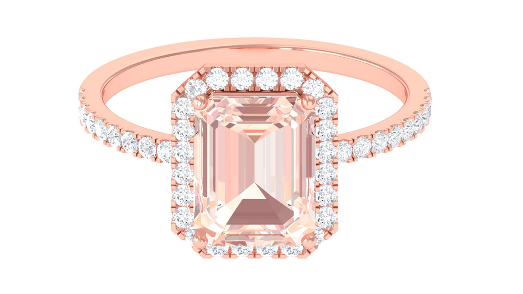 Emerald Cut Morganite Engagement Ring with Diamond Halo Morganite - ( AAA ) - Quality - Rosec Jewels