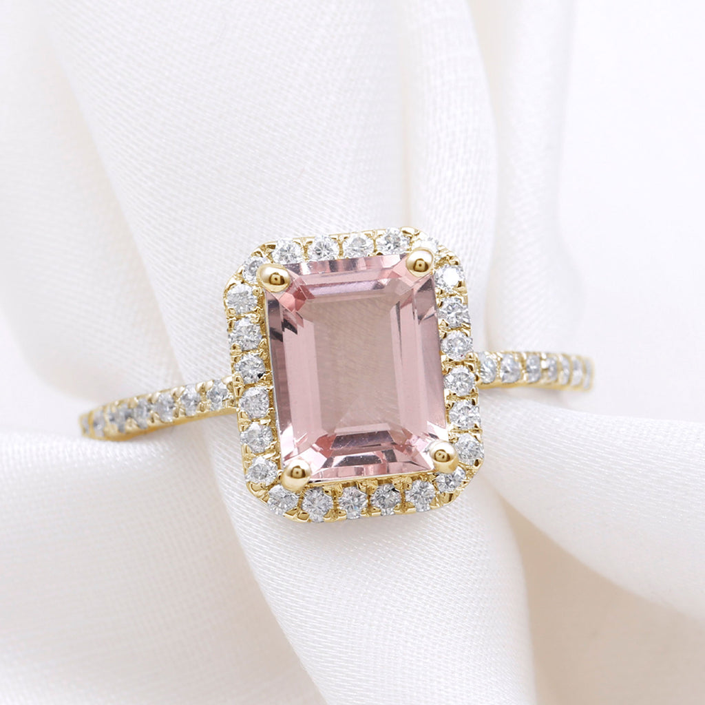 Emerald Cut Morganite Engagement Ring with Diamond Halo Morganite - ( AAA ) - Quality - Rosec Jewels