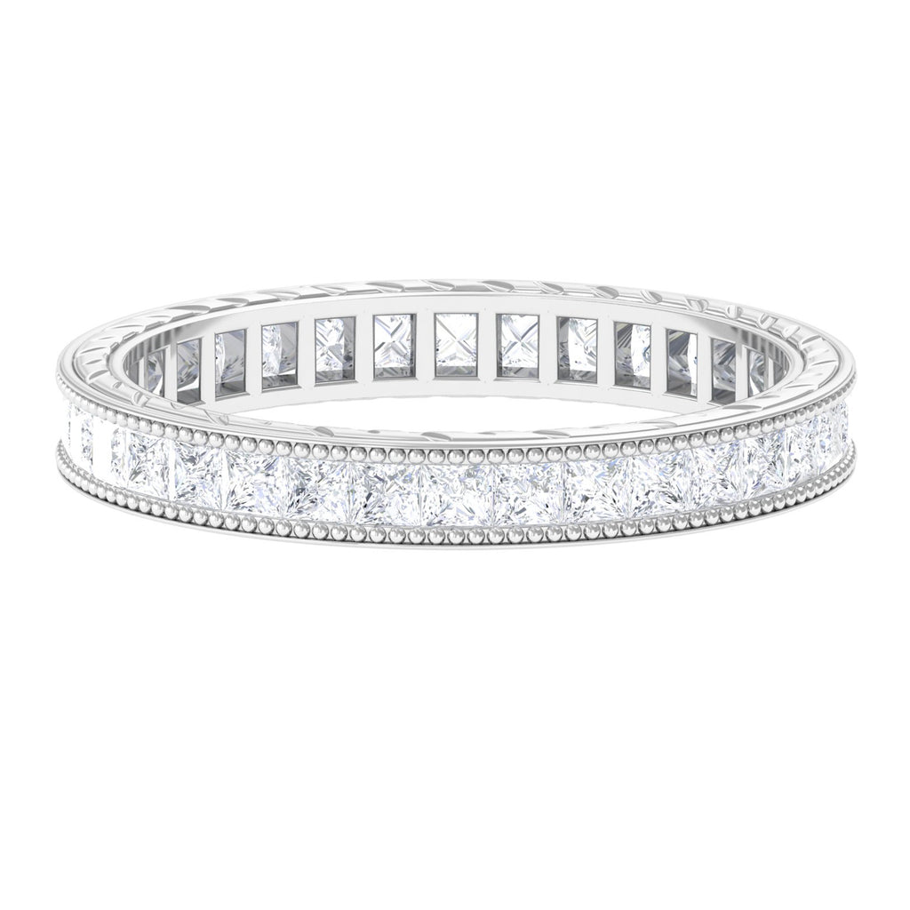 Channel Set Princess Cut Moissanite Eternity Band Ring with Beaded Gold Moissanite - ( D-VS1 ) - Color and Clarity - Rosec Jewels