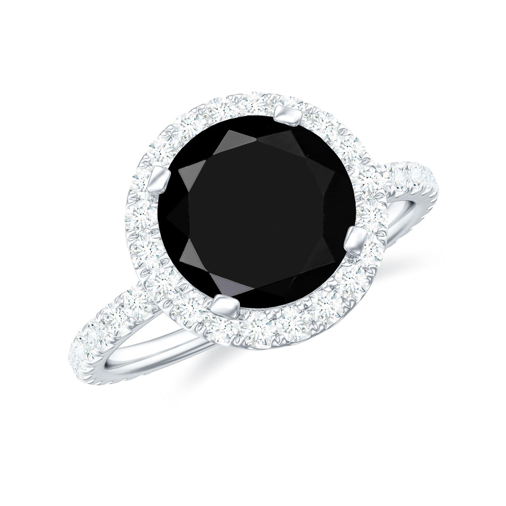 Real Black Onyx Classic Halo Engagement Ring with Diamond Black Onyx - ( AAA ) - Quality - Rosec Jewels