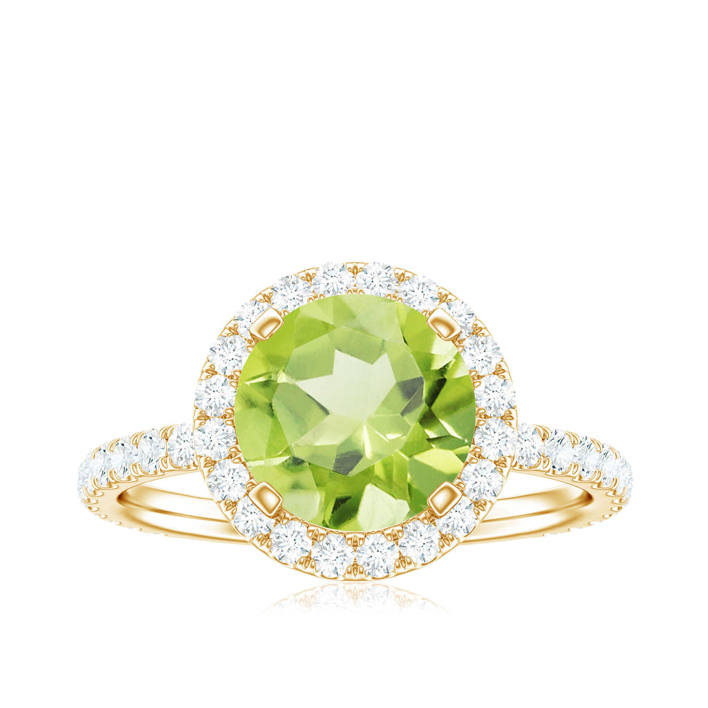 Real Peridot Halo Engagement Ring with Moissanite Peridot - ( AAA ) - Quality - Rosec Jewels