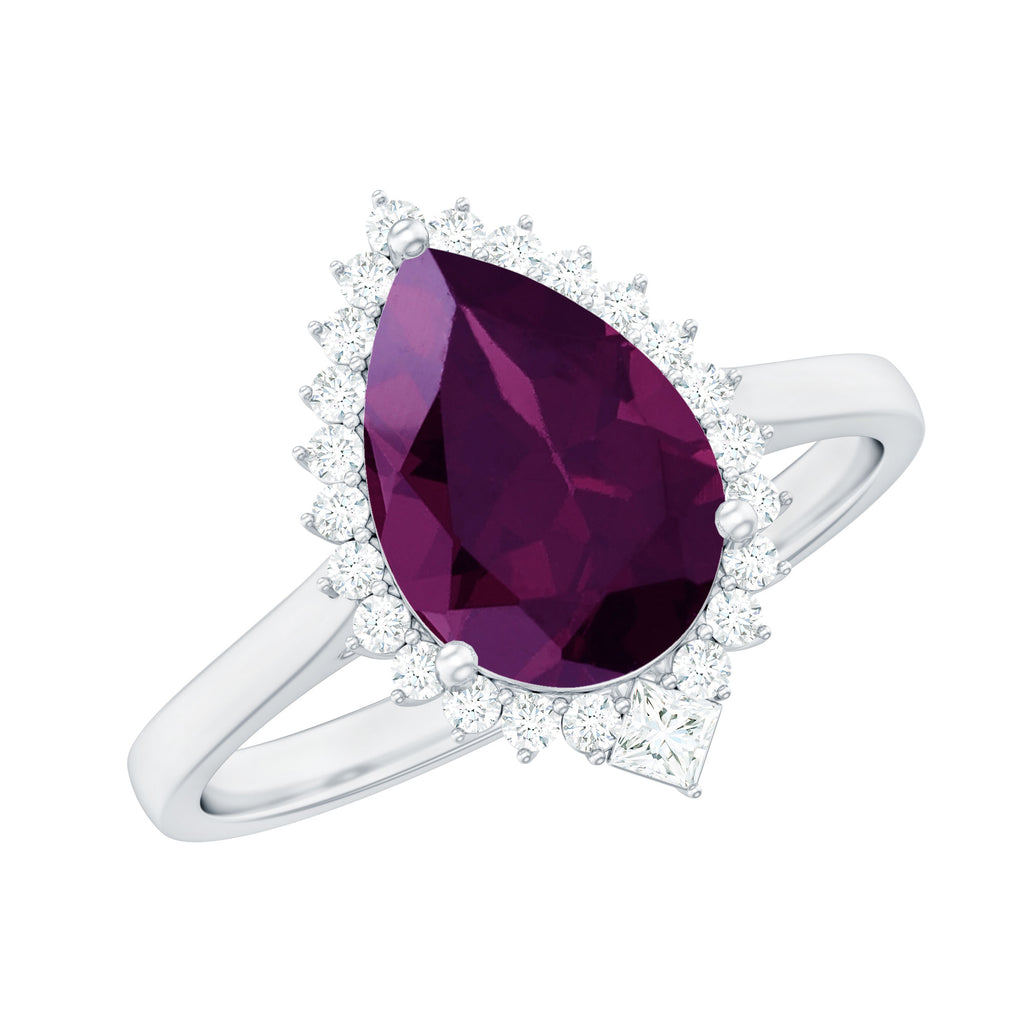 Pear Shaped Rhodolite Cocktail Halo Ring with Diamond Rhodolite - ( AAA ) - Quality - Rosec Jewels