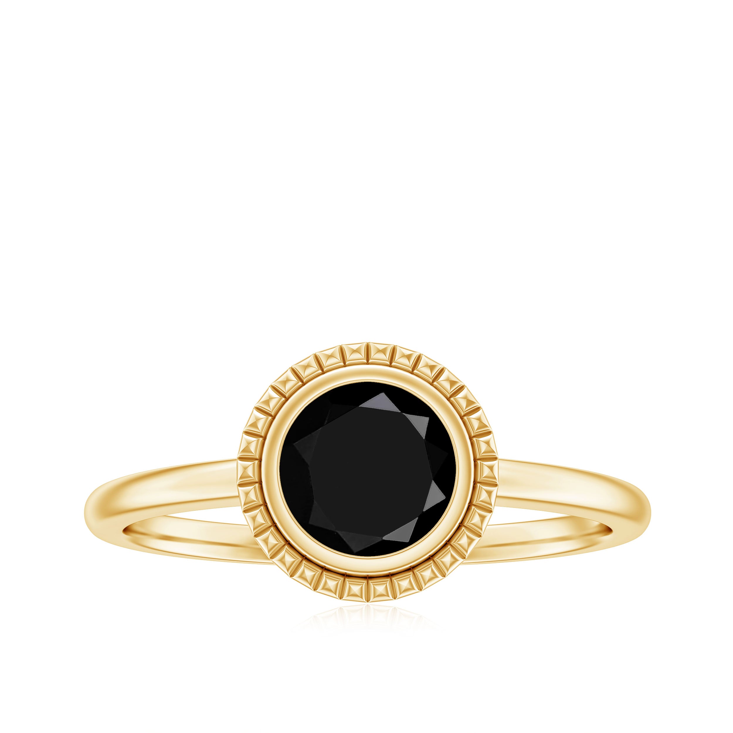 Round Black Onyx Solitaire Ring in Bezel Setting Black Onyx - ( AAA ) - Quality - Rosec Jewels