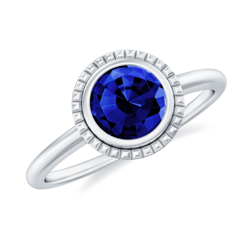 Round Lab-Created Blue Sapphire Solitaire Gold Ring in Bezel Setting Lab Created Blue Sapphire - ( AAAA ) - Quality - Rosec Jewels