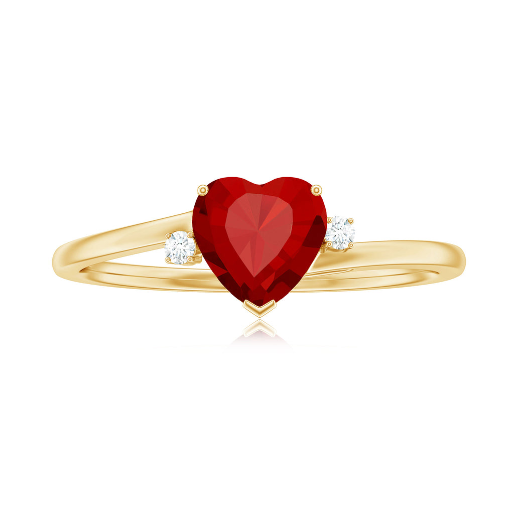 Certified Lab Grown Ruby Heart Solitaire Ring with Diamond Lab Created Ruby - ( AAAA ) - Quality - Rosec Jewels