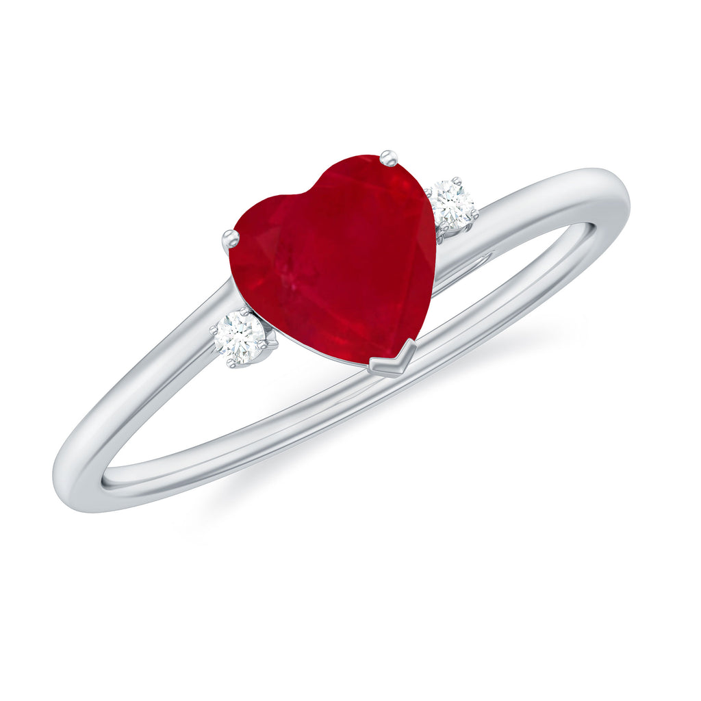 Heart Shape Ruby Solitaire Promise Ring with Diamond Ruby - ( AAA ) - Quality - Rosec Jewels