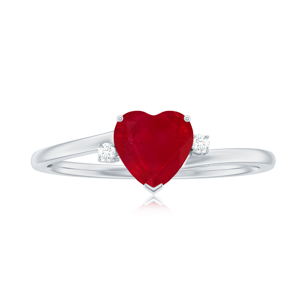 Heart Shape Ruby Solitaire Promise Ring with Diamond Ruby - ( AAA ) - Quality - Rosec Jewels