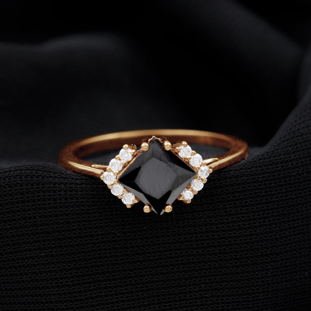 Princess Cut Created Black Diamond Engagement Ring with Diamond Lab Created Black Diamond - ( AAAA ) - Quality - Rosec Jewels