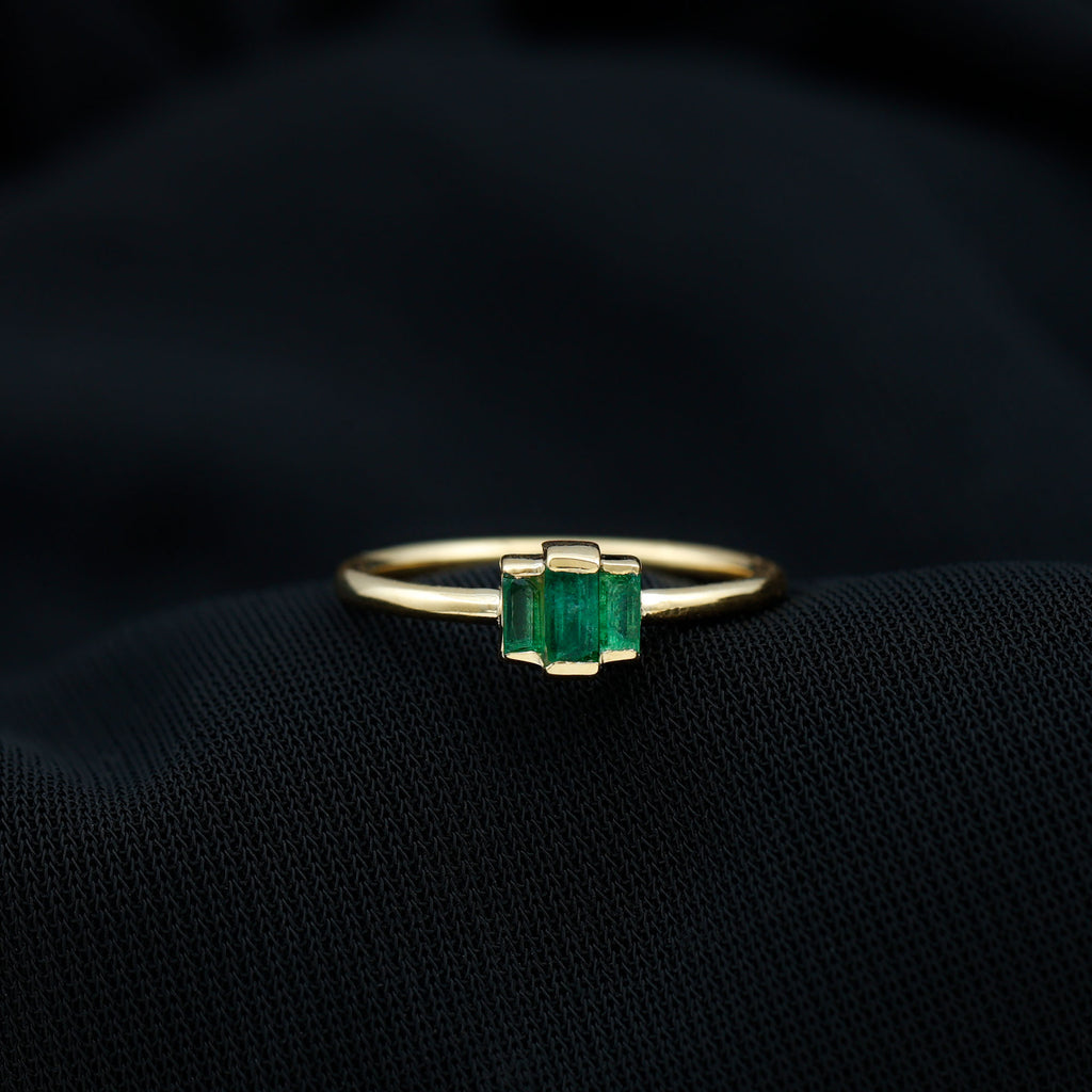 Bar Set Baguette Cut Emerald Three Stone Promise Ring in Gold Emerald - ( AAA ) - Quality - Rosec Jewels