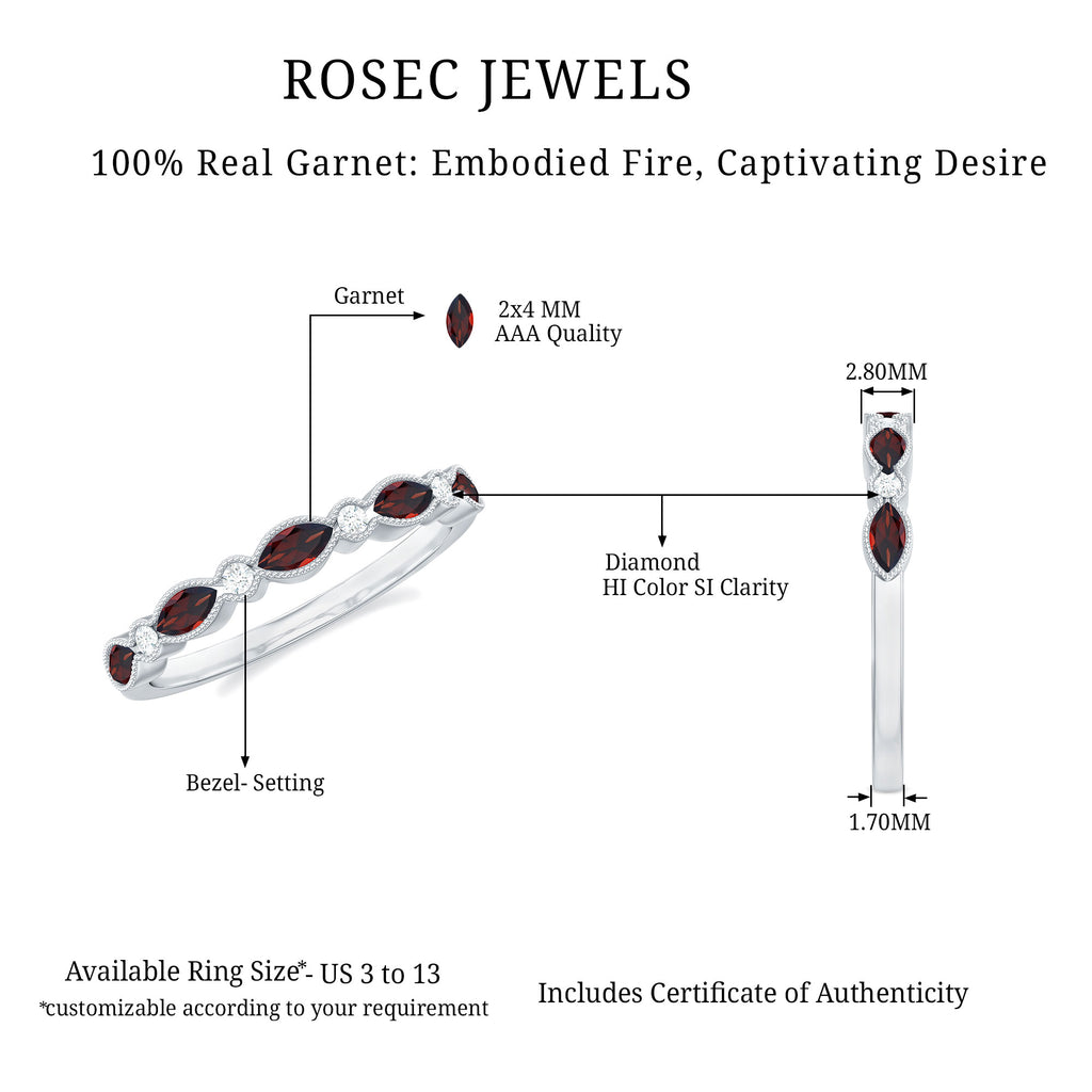 East West Half Eternity Ring with Marquise Cut Garnet and Diamond Garnet - ( AAA ) - Quality - Rosec Jewels
