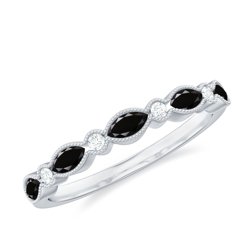 Black Onyx Half Eternity Ring with Moissanite in Beaded Bezel Setting Black Onyx - ( AAA ) - Quality - Rosec Jewels