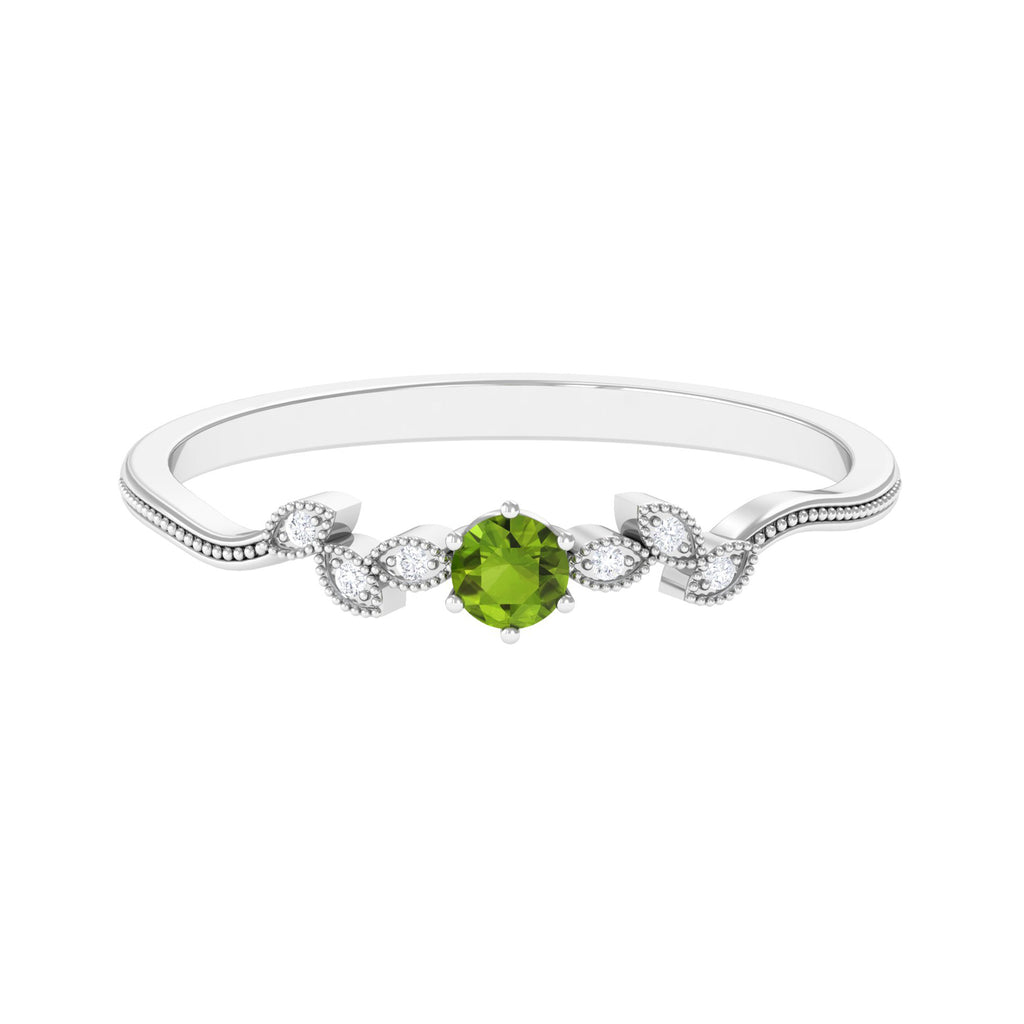 Round Peridot and Diamond Leaf Promise Ring with Beaded Detailing Peridot - ( AAA ) - Quality - Rosec Jewels