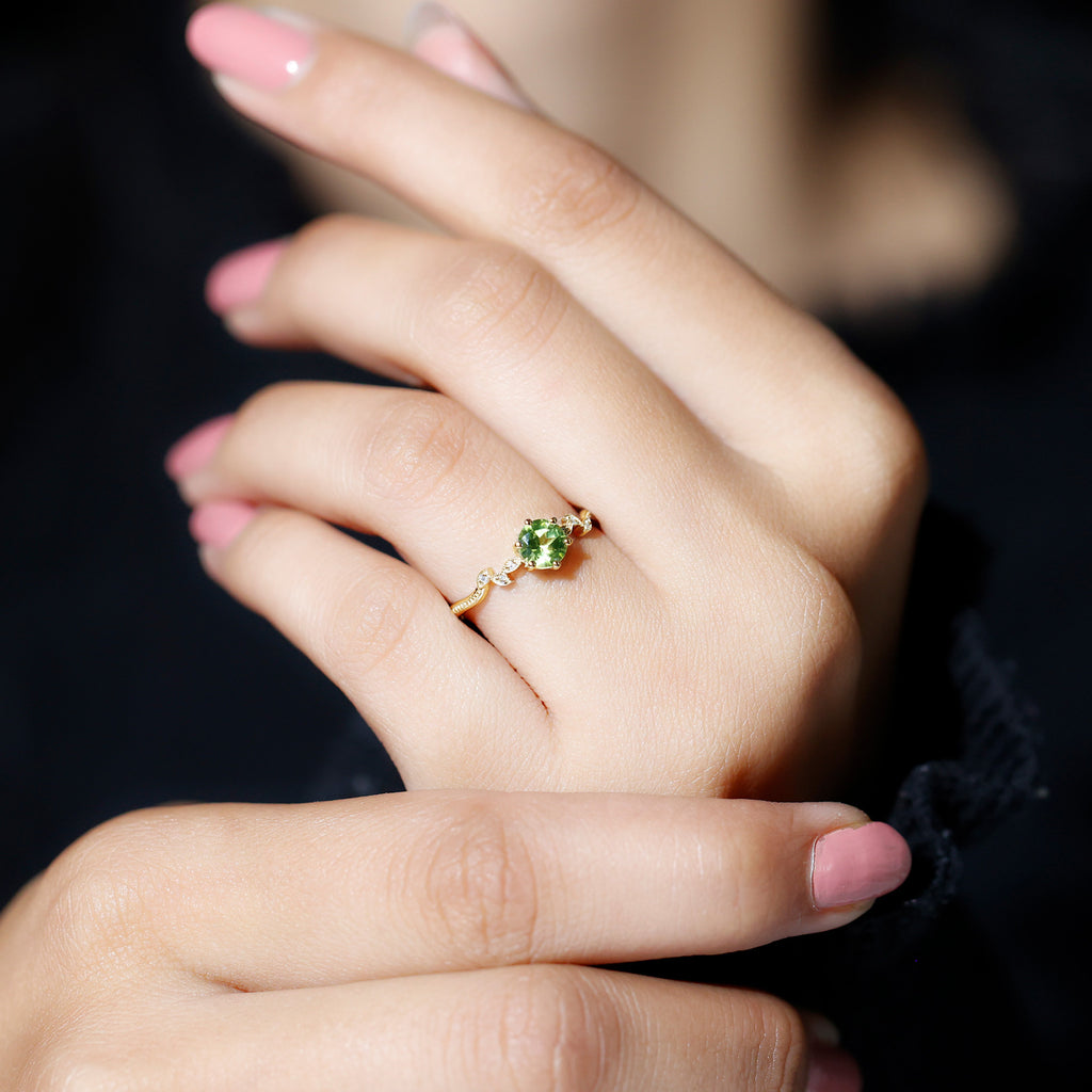 Round Peridot and Diamond Leaf Promise Ring with Beaded Detailing Peridot - ( AAA ) - Quality - Rosec Jewels