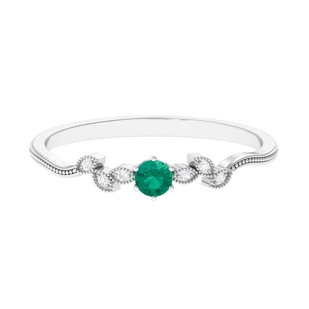 Real Emerald and Diamond Leaf Promise Ring Emerald - ( AAA ) - Quality - Rosec Jewels