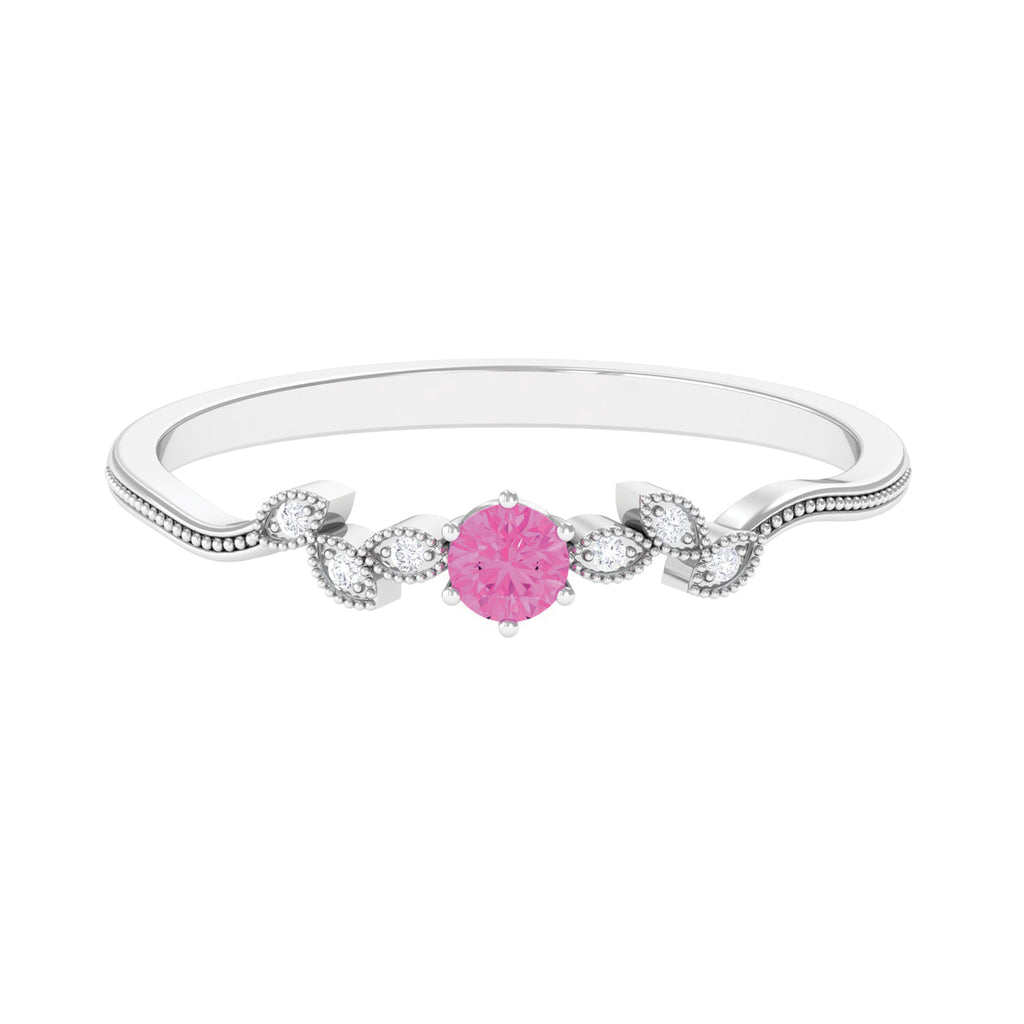 Pink Sapphire and Moissanite Leaf Promise Ring with Beaded Detailing Pink Sapphire - ( AAA ) - Quality - Rosec Jewels