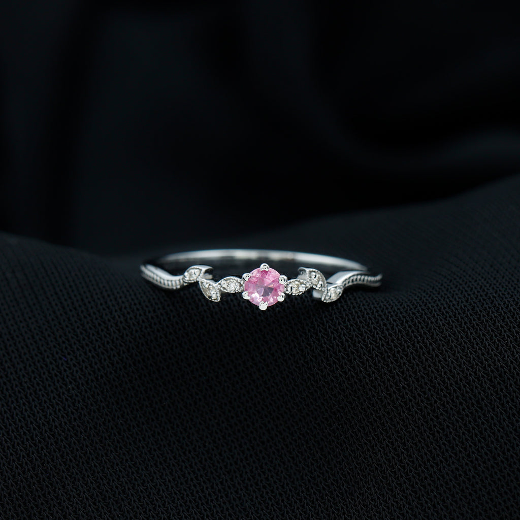 Pink Sapphire and Moissanite Leaf Promise Ring with Beaded Detailing
