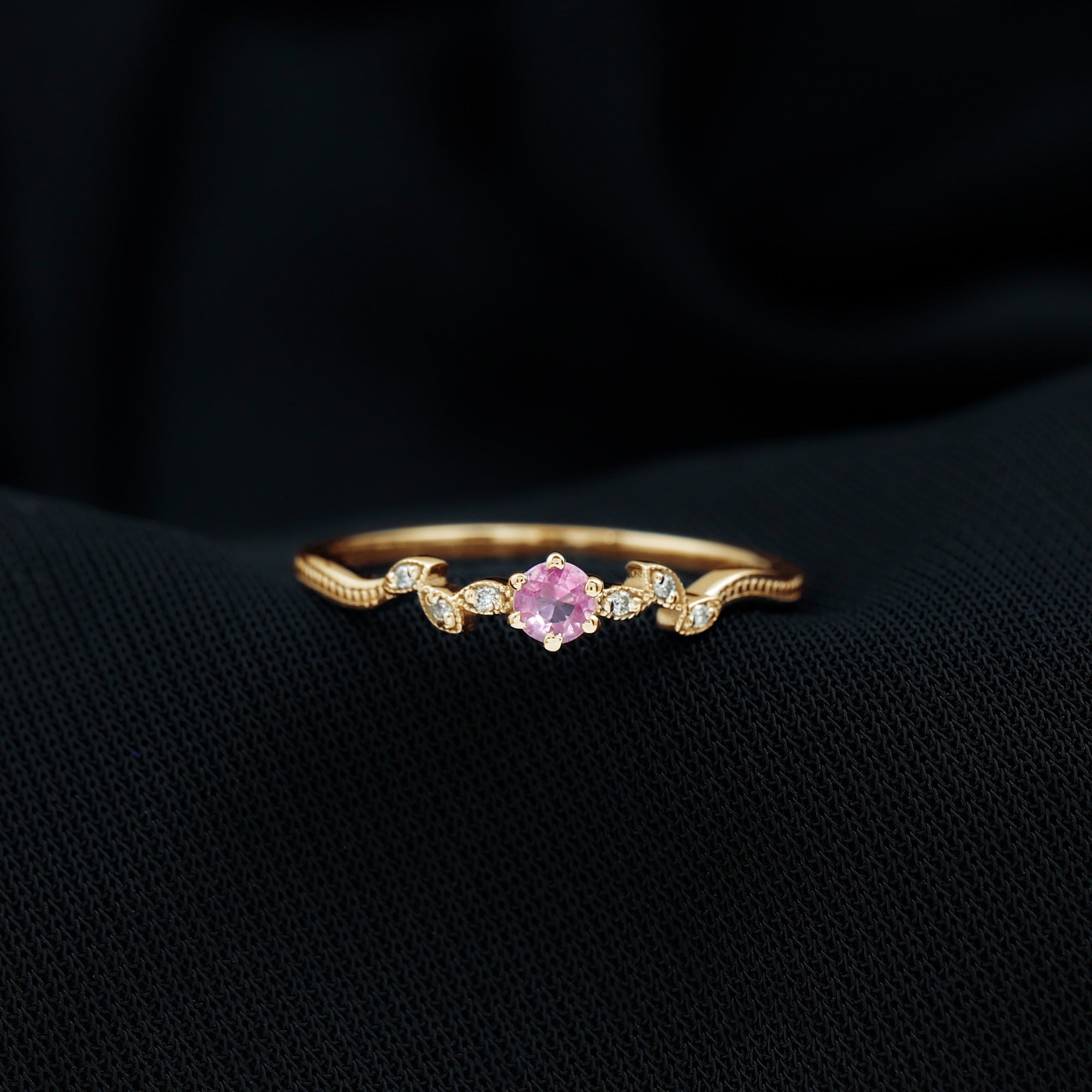 Pink Sapphire and Moissanite Leaf Promise Ring with Beaded Detailing Pink Sapphire - ( AAA ) - Quality - Rosec Jewels