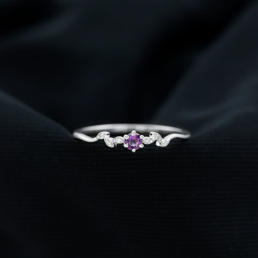 Amethyst and Diamond Leaf Promise Ring with Beaded Detailing Amethyst - ( AAA ) - Quality - Rosec Jewels