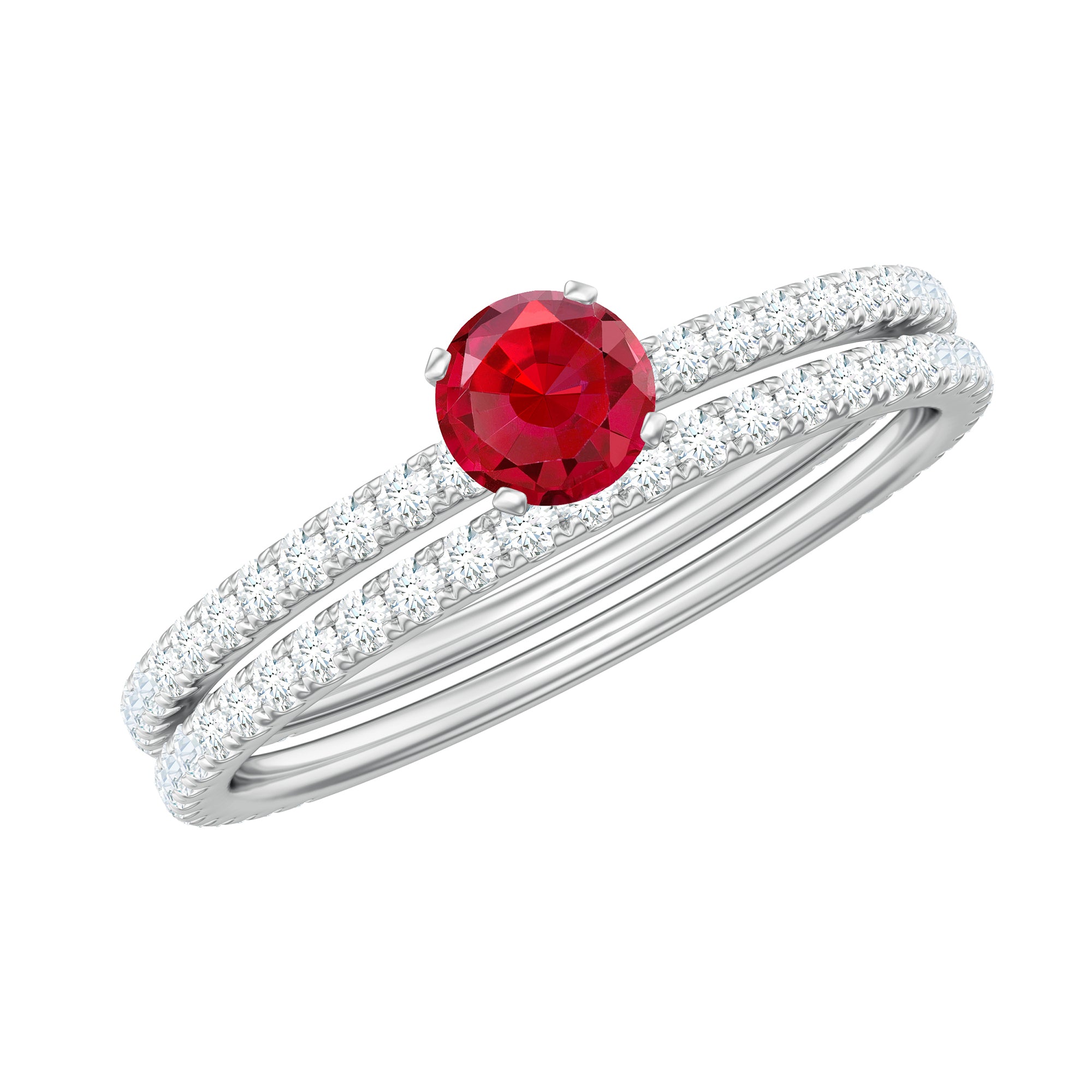 Created Ruby Minimal Wedding Ring Set with Diamond Lab Created Ruby - ( AAAA ) - Quality - Rosec Jewels