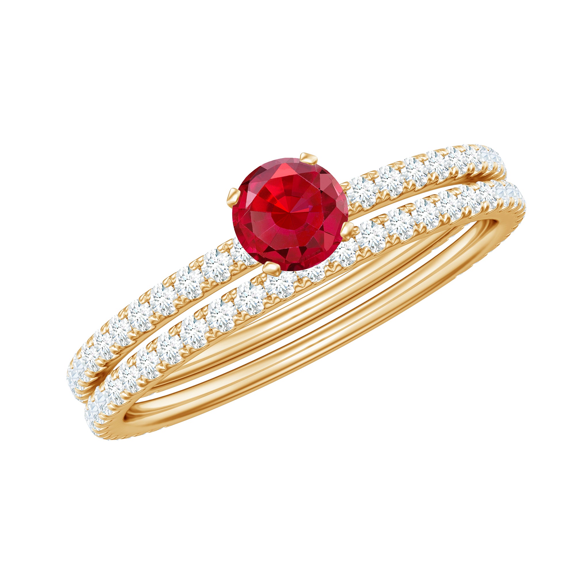 Created Ruby Minimal Wedding Ring Set with Diamond Lab Created Ruby - ( AAAA ) - Quality - Rosec Jewels