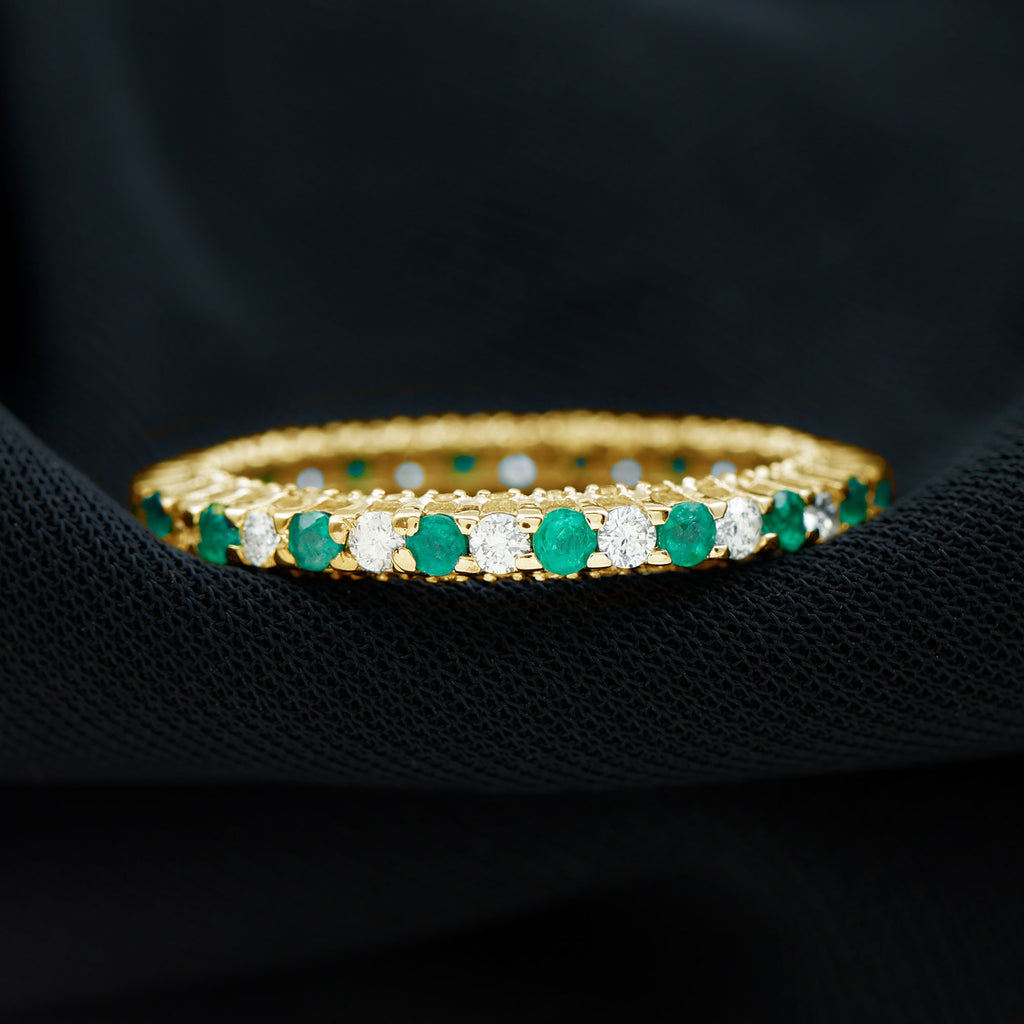 Alternate Round Emerald and Diamond Eternity Band Ring Emerald - ( AAA ) - Quality - Rosec Jewels