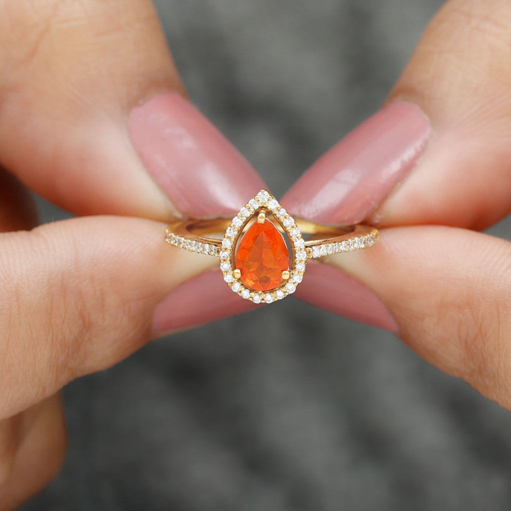 1 CT Minimal Fire Opal Engagement Ring with Diamond Accent Fire Opal - ( AAA ) - Quality - Rosec Jewels