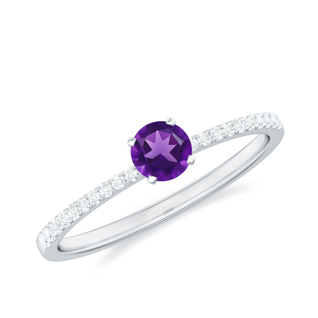 Round Amethyst Solitaire Engagement Ring with Diamond Amethyst - ( AAA ) - Quality - Rosec Jewels