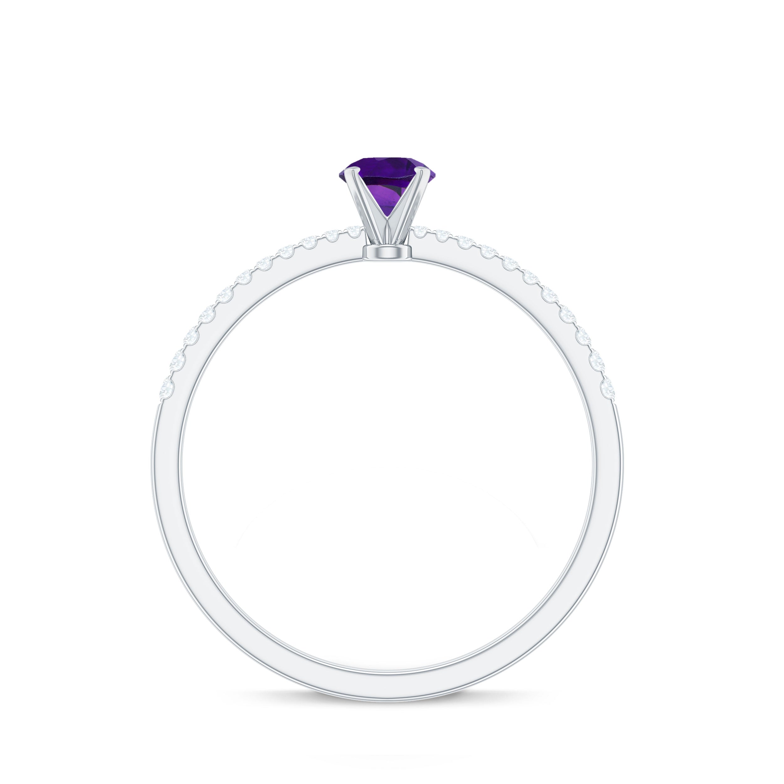 Round Amethyst Solitaire Engagement Ring with Diamond Amethyst - ( AAA ) - Quality - Rosec Jewels