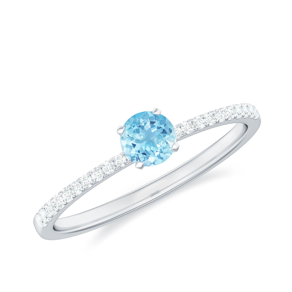Natural Aquamarine Solitaire Ring with Diamond Side Stones Aquamarine - ( AAA ) - Quality - Rosec Jewels