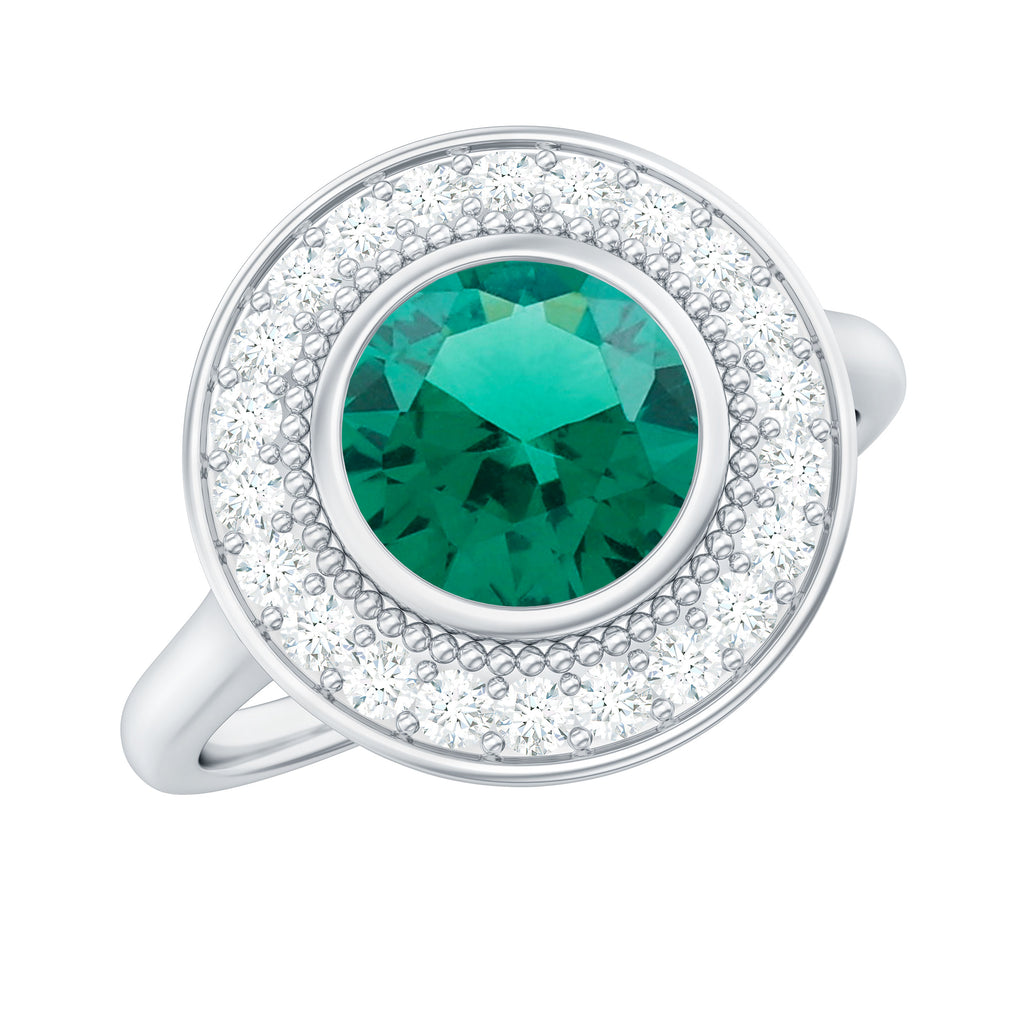 Vintage Inspired Created Emerald Halo Engagement Ring with Zircon Lab Created Emerald - ( AAAA ) - Quality - Rosec Jewels