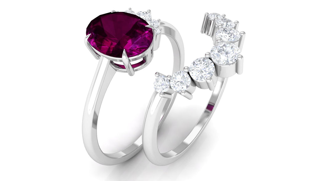 Oval Rhodolite Solitaire Wedding Ring Set with Diamond Rhodolite - ( AAA ) - Quality - Rosec Jewels