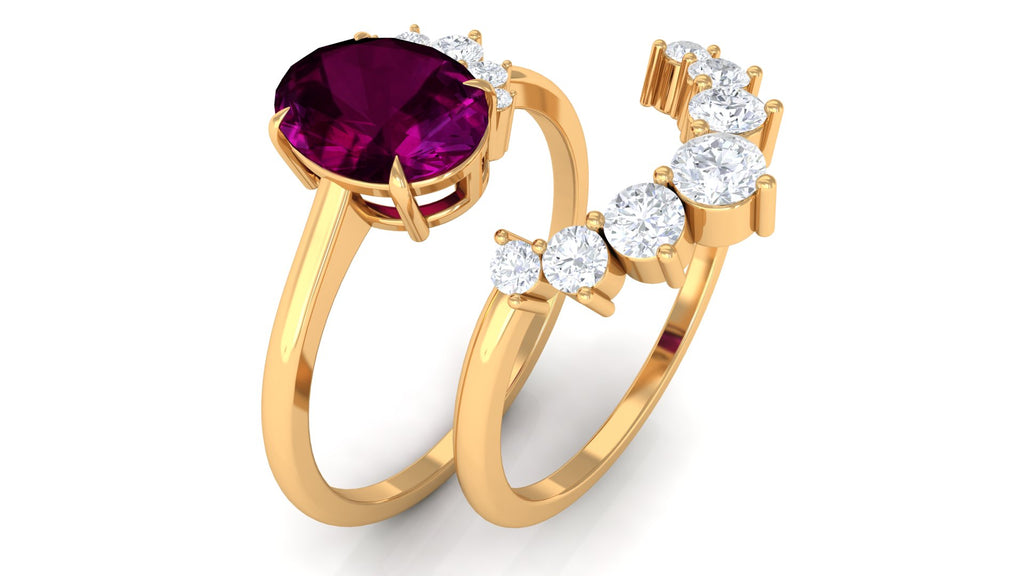 Oval Rhodolite Solitaire Wedding Ring Set with Diamond Rhodolite - ( AAA ) - Quality - Rosec Jewels