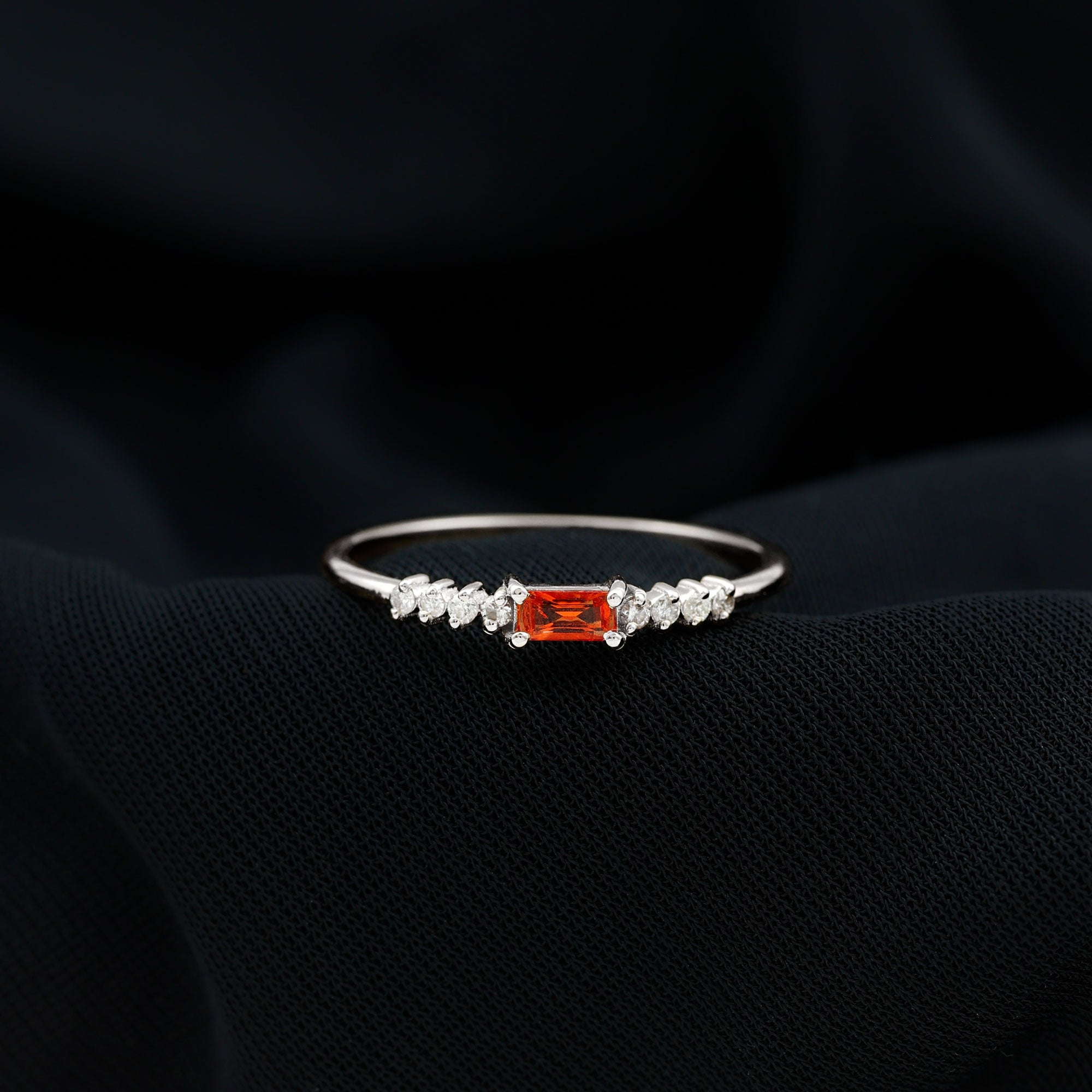 Baguette Cut Lab Grown Orange Sapphire East West Promise Ring with Diamond Lab Created Orange Sapphire - ( AAAA ) - Quality - Rosec Jewels