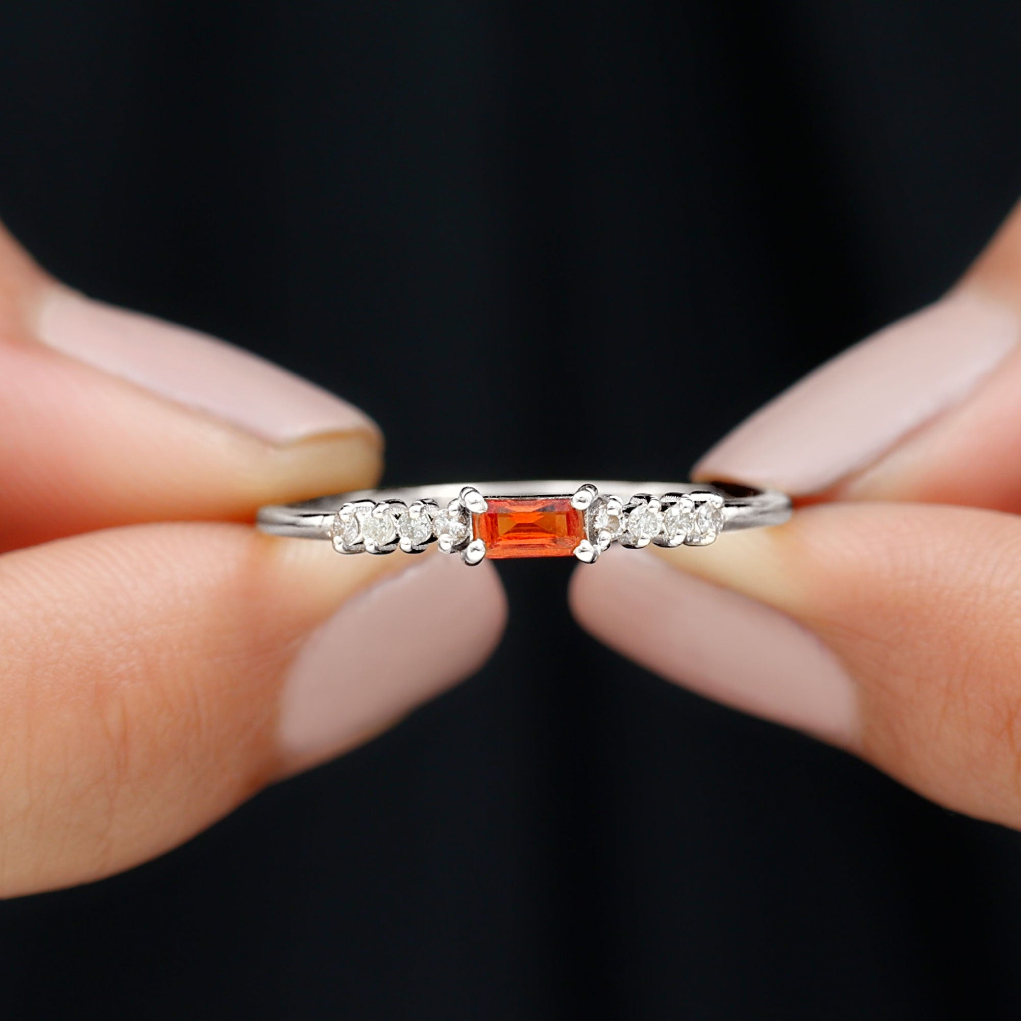 Baguette Cut Lab Grown Orange Sapphire East West Promise Ring with Diamond Lab Created Orange Sapphire - ( AAAA ) - Quality - Rosec Jewels