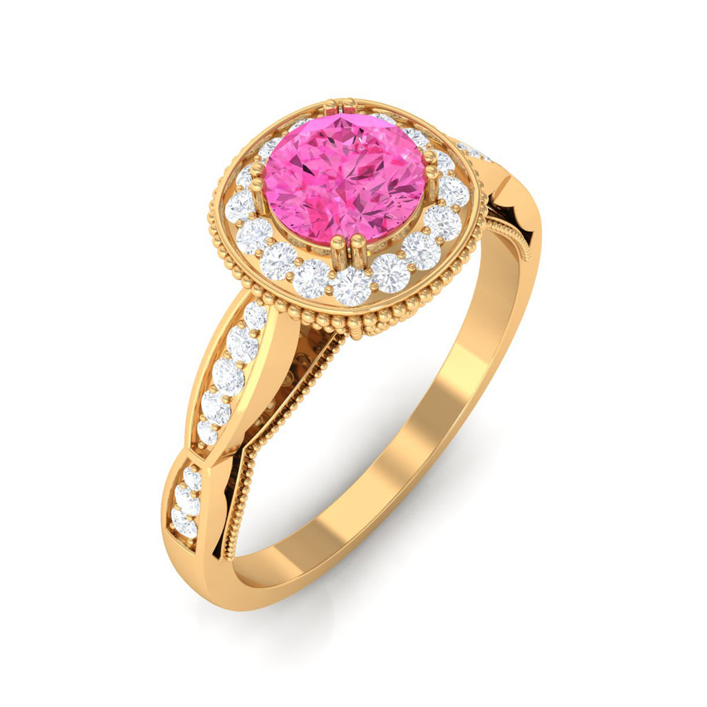 Rosec Jewels-Vintage Inspired Round Pink Sapphire and Diamond Engagement Ring