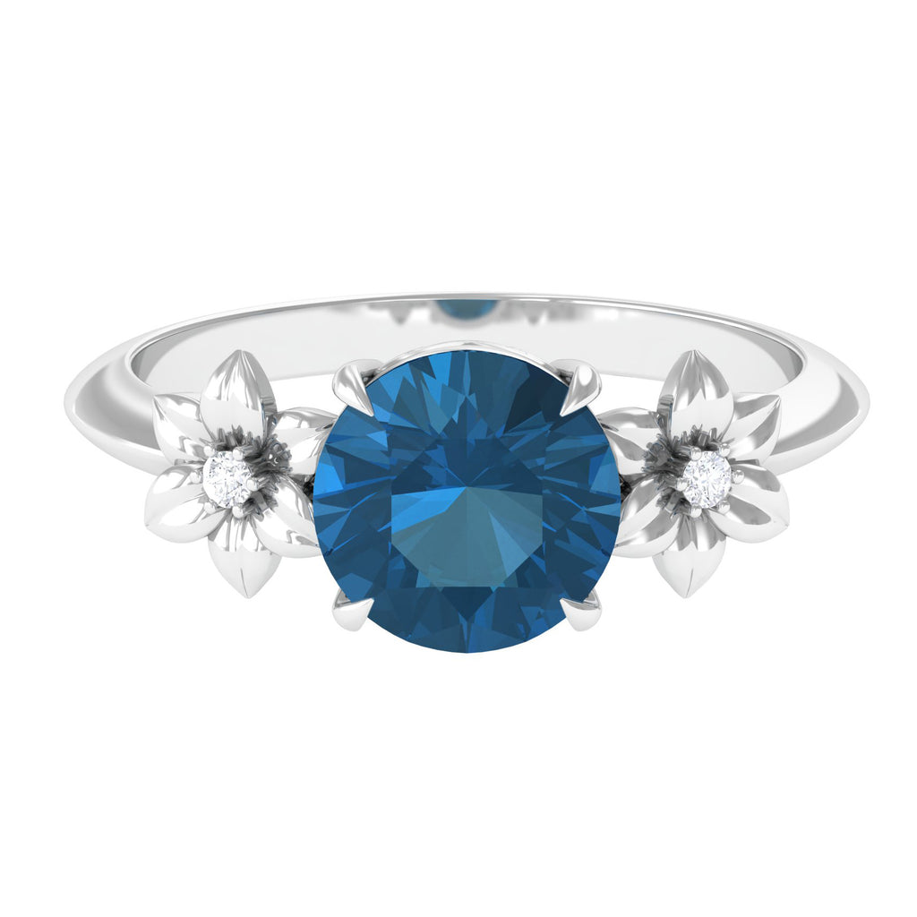 London Blue Topaz Solitaire Flower Engagement Ring with Diamond London Blue Topaz - ( AAA ) - Quality - Rosec Jewels