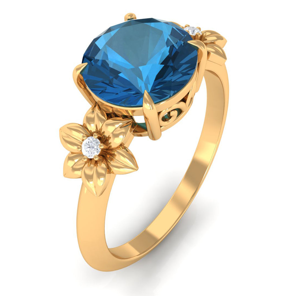 London Blue Topaz Solitaire Flower Engagement Ring with Diamond London Blue Topaz - ( AAA ) - Quality - Rosec Jewels