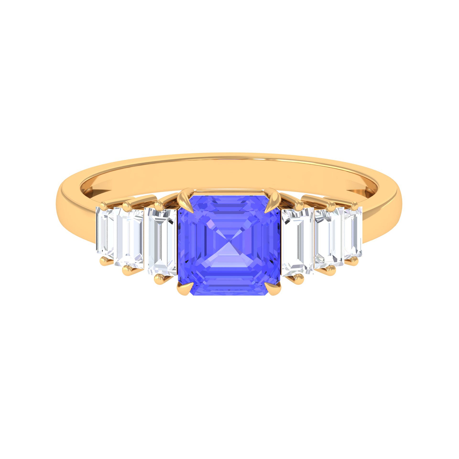 Asscher Cut Tanzanite Designer Engagement Ring with Baguette Moissanite Tanzanite - ( AAA ) - Quality - Rosec Jewels