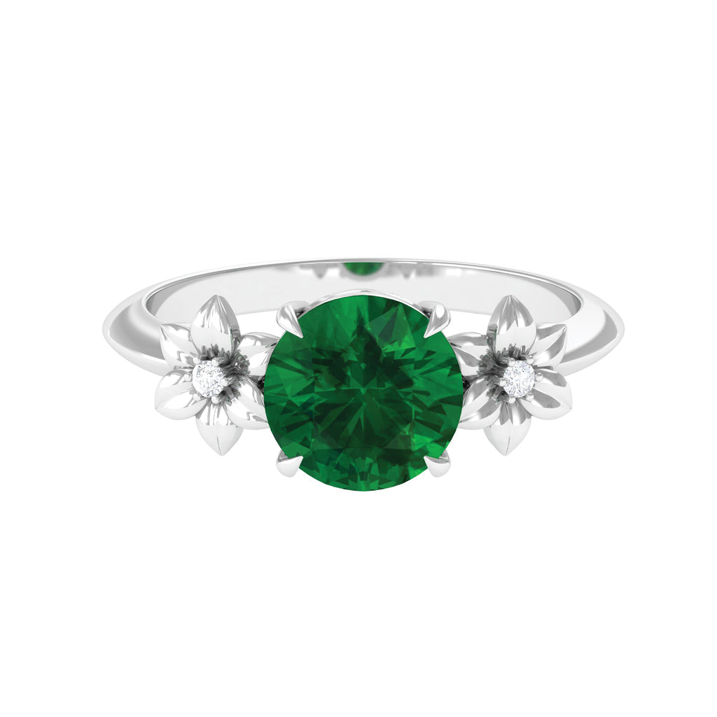 Created Emerald Solitaire Flower Engagement Ring with Diamond Lab Created Emerald - ( AAAA ) - Quality - Rosec Jewels