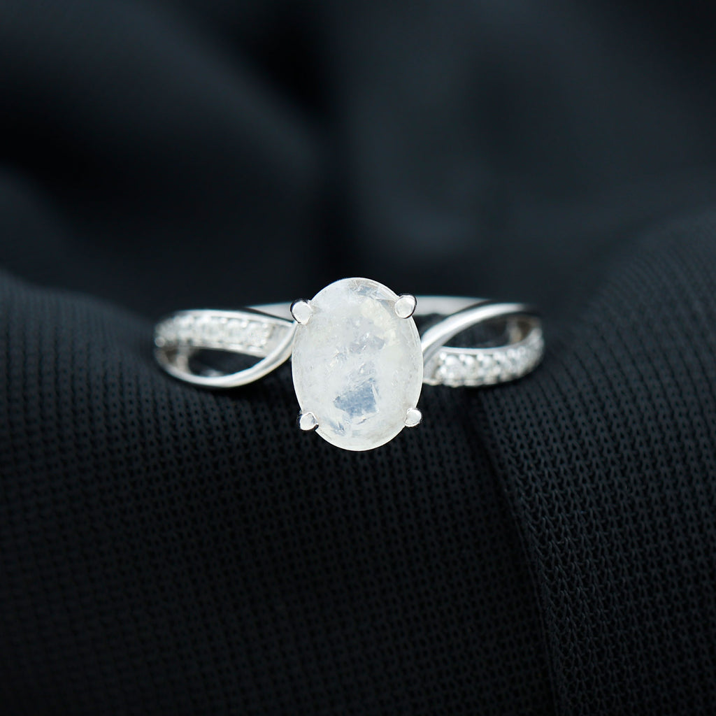 Oval Moonstone Solitaire Engagement Ring with Split Shank Moonstone - ( AAA ) - Quality - Rosec Jewels