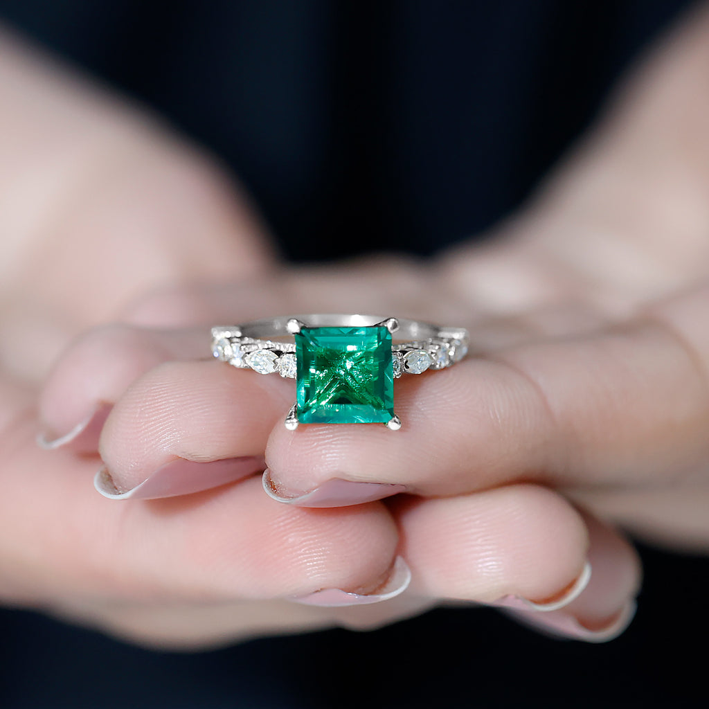 Princess Cut Created Emerald Solitaire Ring with Moissanite Side Stones Lab Created Emerald - ( AAAA ) - Quality - Rosec Jewels