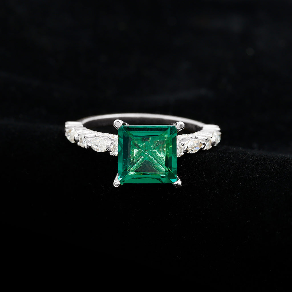 Princess Cut Created Emerald Solitaire Ring with Moissanite Side Stones Lab Created Emerald - ( AAAA ) - Quality - Rosec Jewels