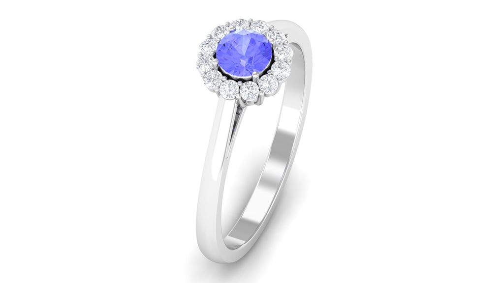 Round Tanzanite and Diamond Halo Engagement Ring Tanzanite - ( AAA ) - Quality - Rosec Jewels