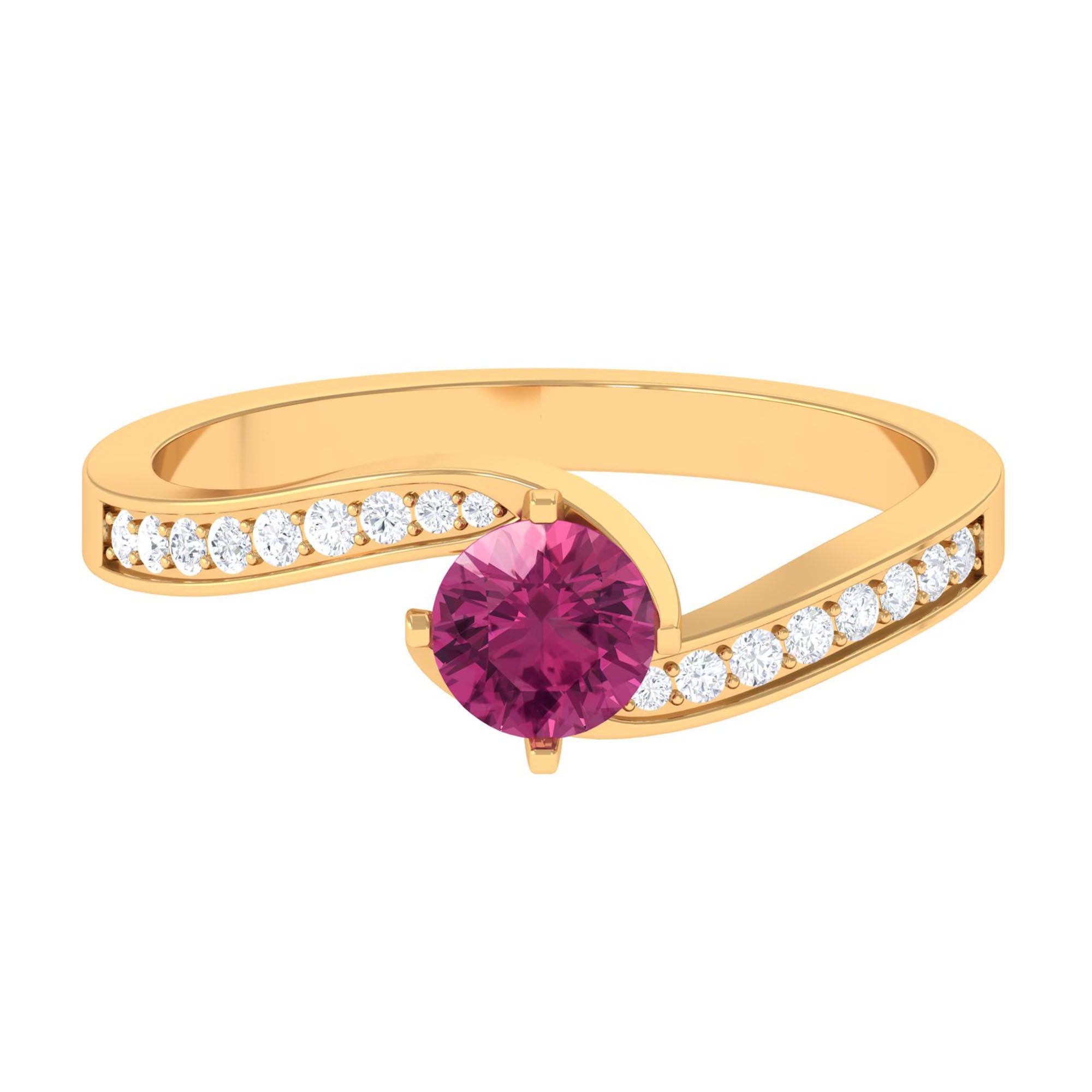 Pink Tourmaline Solitaire Bypass Ring with Diamond Pink Tourmaline - ( AAA ) - Quality - Rosec Jewels