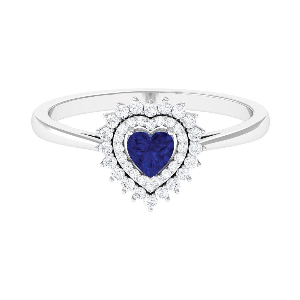 Blue Sapphire Heart and Diamond Double Halo Engagement Ring Blue Sapphire - ( AAA ) - Quality - Rosec Jewels